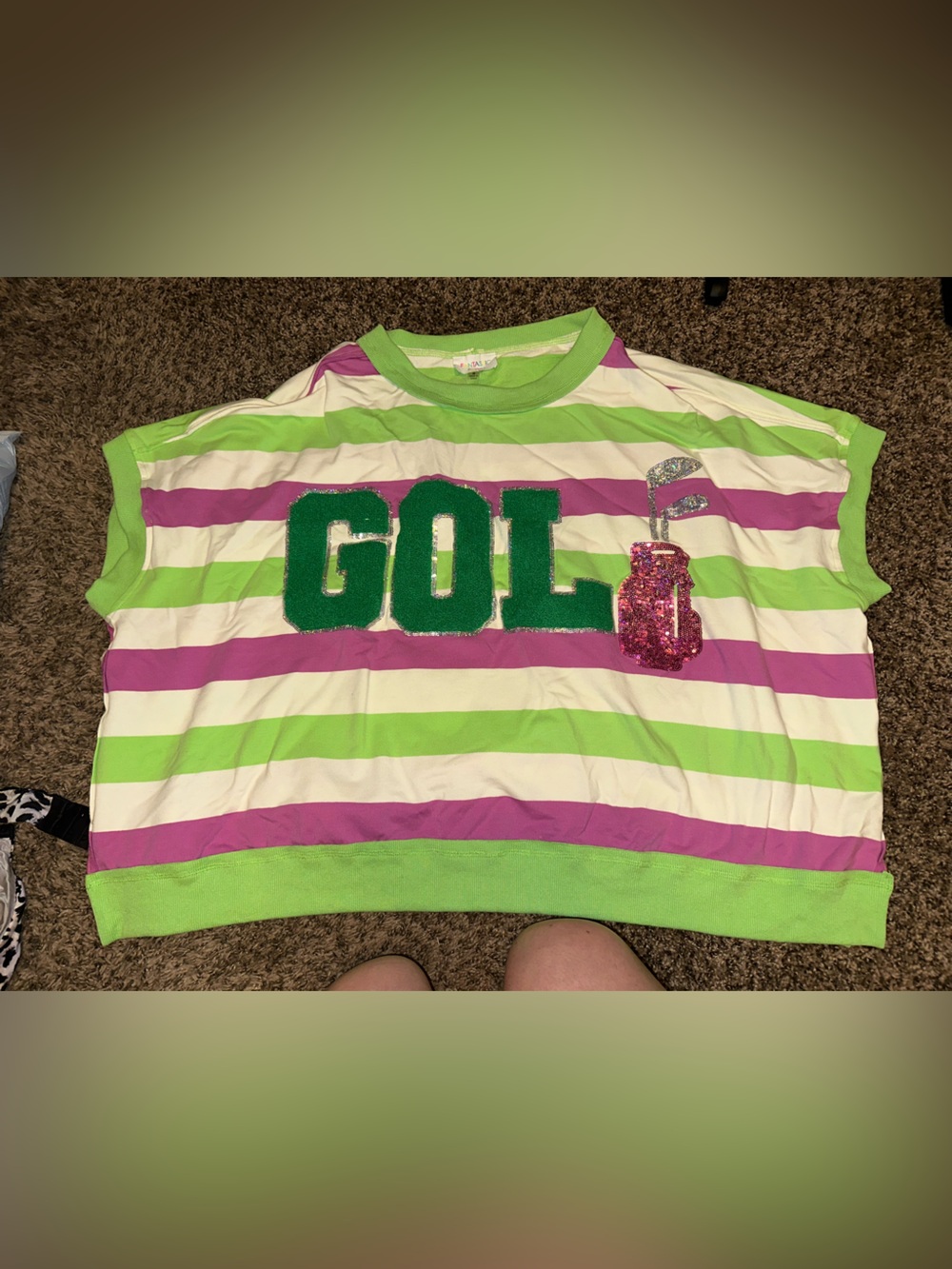 Fantastic Fawn Green, Pink & White Striped Short-Sleeve Tee with 'GOL' Appliqué